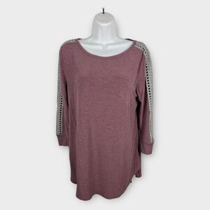 Soft Surroundings Womens Cassidie Tee Sz Medium Pink Crochet 3/4‎ Sleeve Rayon